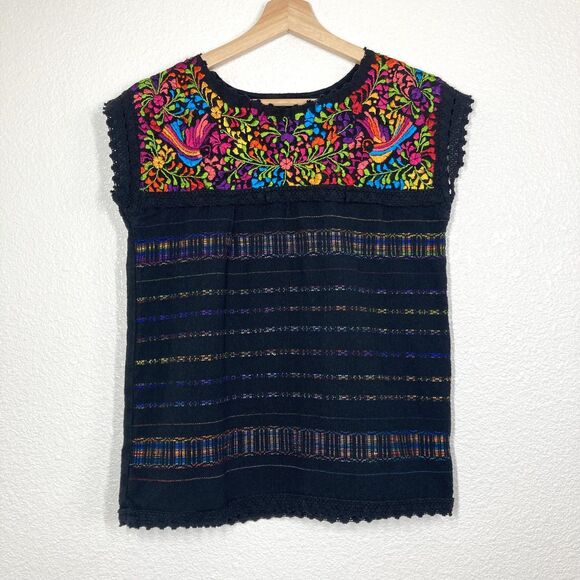 Handmade Huipil Blouse Womens Medium Embroidered Bird Floral Top Mexican Boho - Picture 1 of 9